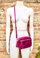 Small hot pink leather bag. GENUINE leather shoulder / cross body bag. Fuchsia metallic leather purse. Tassels, adjustable strap + zipper