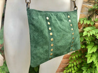 Crossbody bag. Green boho suede leather purse with bronze color tacks Genuine suede leather messenger bag. Green suede purse.