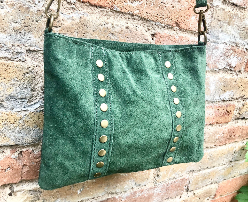 Crossbody bag. Green boho suede leather purse with bronze color tacks Genuine suede leather messenger bag. Green suede purse.