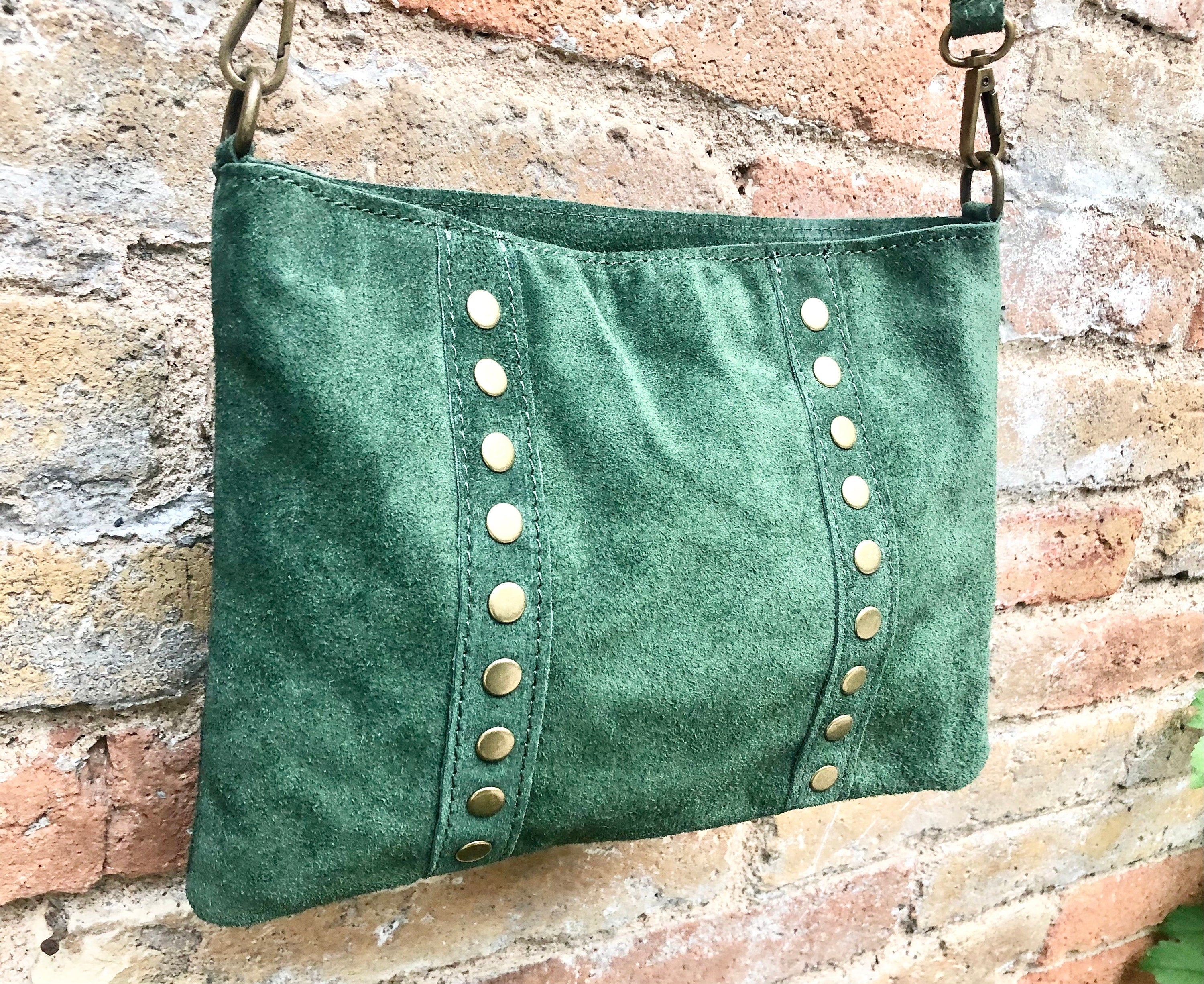 Crossbody bag. Green boho suede leather purse with bronze color tacks Genuine suede leather messenger bag. Green suede purse.
