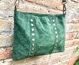 Crossbody bag. Green boho suede leather purse with bronze color tacks Genuine suede leather messenger bag. Green suede purse.