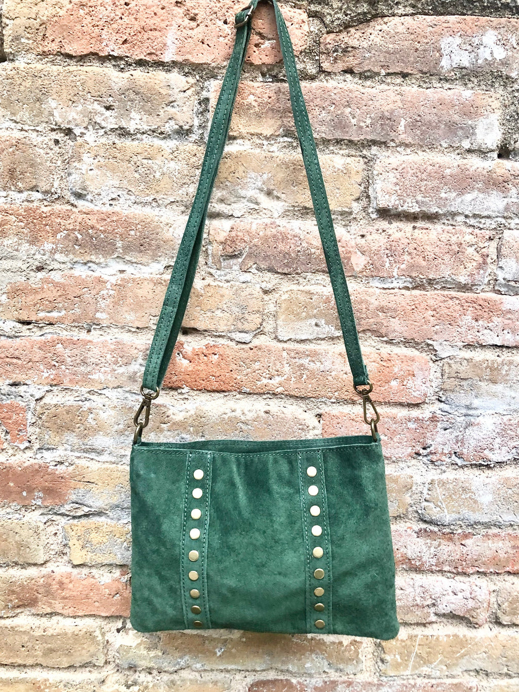 Crossbody bag. Green boho suede leather purse with bronze color tacks Genuine suede leather messenger bag. Green suede purse.