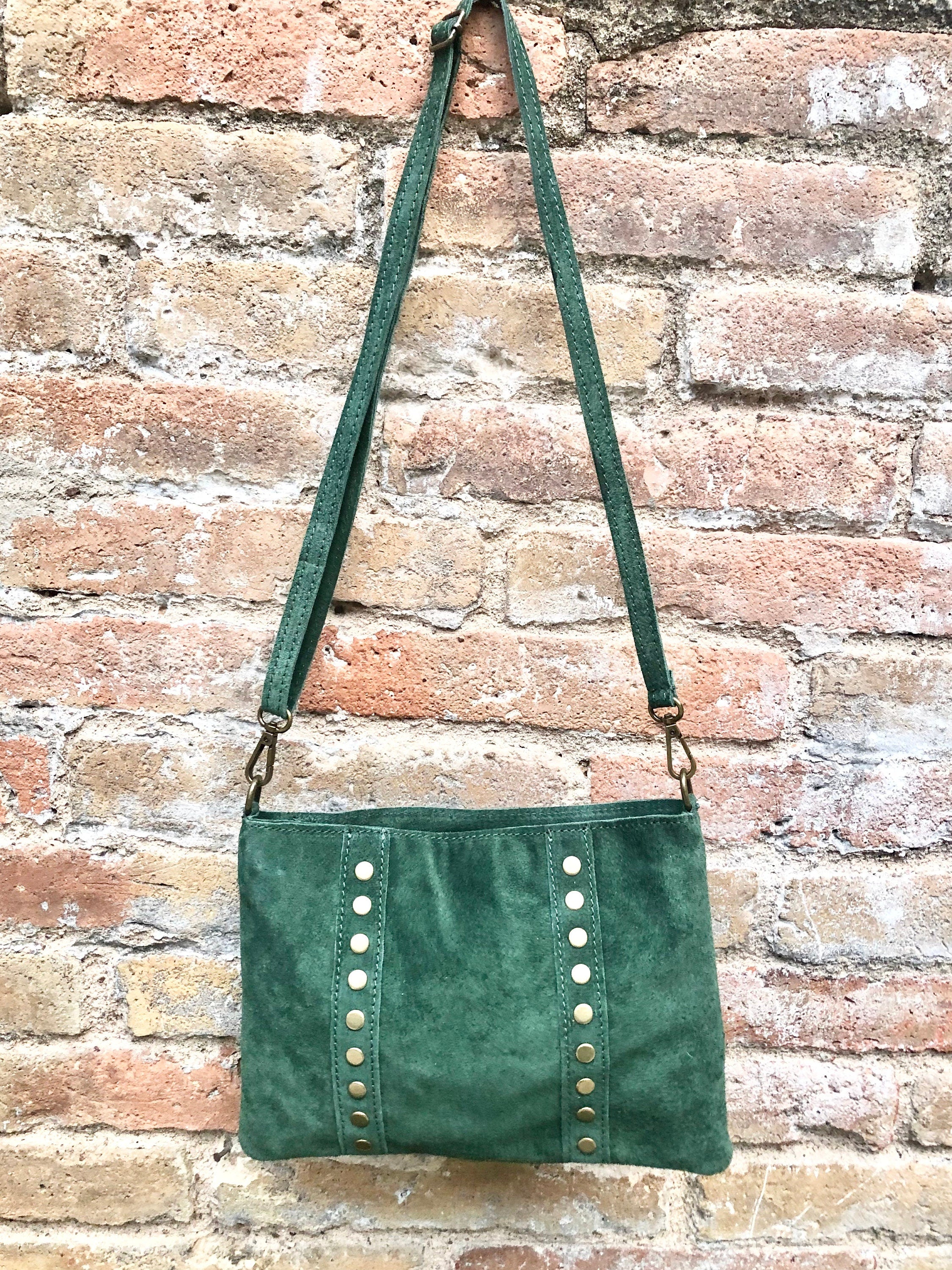 Crossbody bag. Green boho suede leather purse with bronze color tacks Genuine suede leather messenger bag. Green suede purse.
