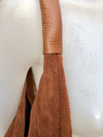 Rusty brown suede slouch leather bag. Genuine leather large shoulder bag. Dark camel brown origami bag, brown leather accent. Large shopper