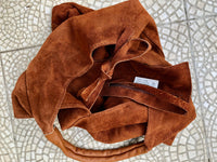 Rusty brown suede slouch leather bag. Genuine leather large shoulder bag. Dark camel brown origami bag, brown leather accent. Large shopper