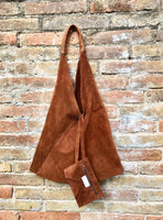 Rusty brown suede slouch leather bag. Genuine leather large shoulder bag. Dark camel brown origami bag, brown leather accent. Large shopper