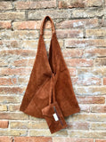 Rusty brown suede slouch leather bag. Genuine leather large shoulder bag. Dark camel brown origami bag, brown leather accent. Large shopper