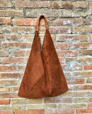 CAMEL brown suede slouch leather bag. Genuine leather large shoulder bag. Rusty brown origami bag with brown leather accent. Large shopper