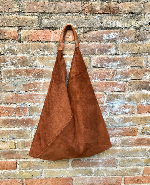 CAMEL brown suede slouch leather bag. Genuine leather large shoulder bag. Rusty brown origami bag with brown leather accent. Large shopper