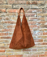 Rusty brown suede slouch leather bag. Genuine leather large shoulder bag. Dark camel brown origami bag, brown leather accent. Large shopper