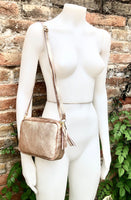 Small leather bag in pink gold. Cross body / shoulder bag. Metallic shine genuine leather bag. Pink purse. adjustable strap and zipper