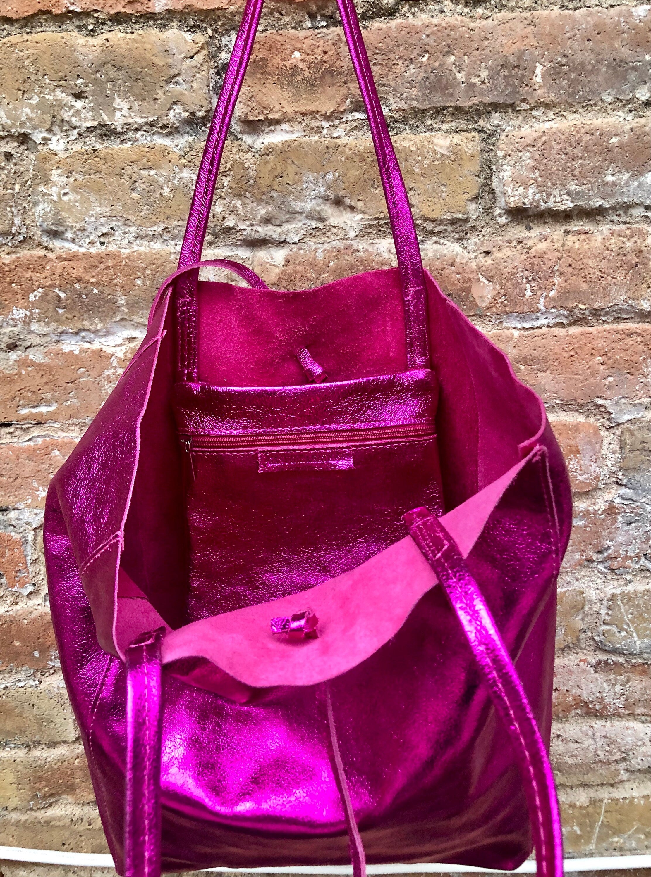 Tote leather bag in fuchsia pink. GENUINE metallic leather bag. Large glitter hot pink leather shopper bag, Laptop bag. Metallic pink purse