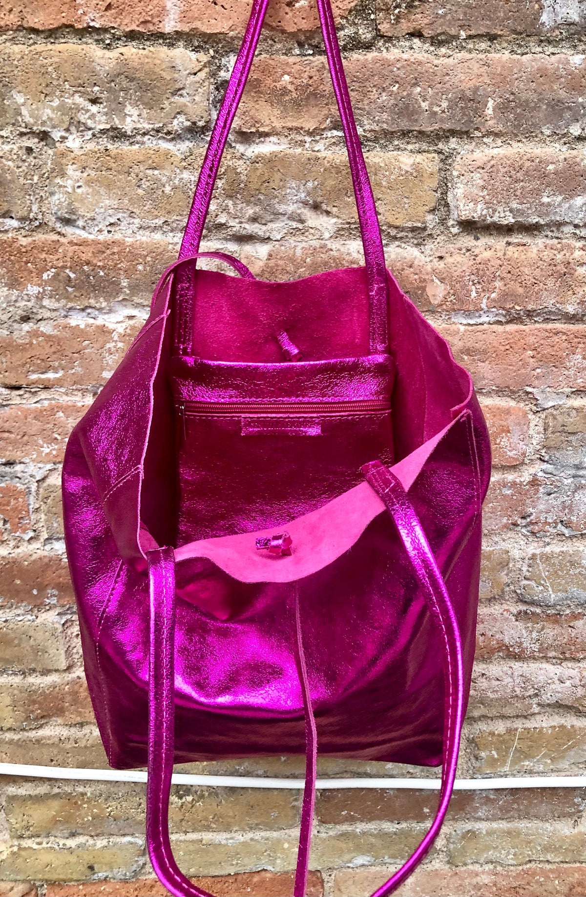 Tote leather bag in fuchsia pink. GENUINE metallic leather bag. Large glitter hot pink leather shopper bag, Laptop bag. Metallic pink purse