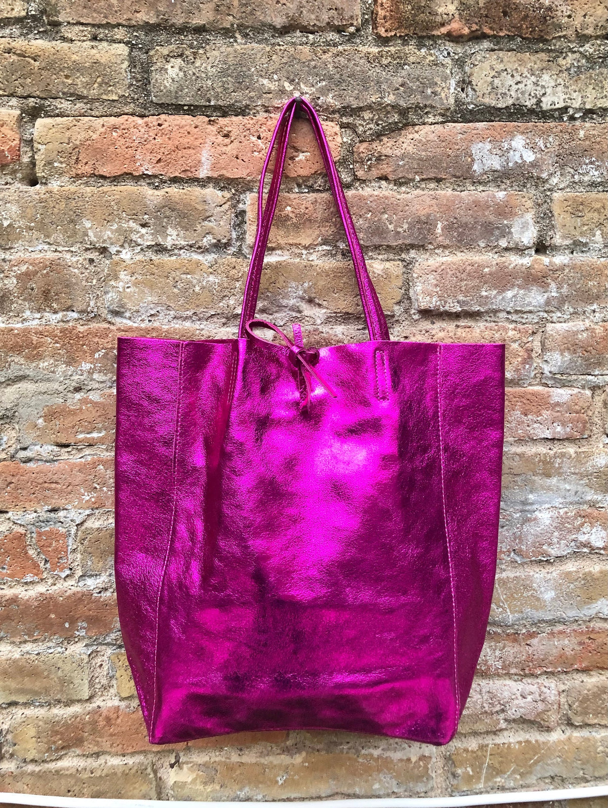 Tote leather bag in fuchsia pink. GENUINE metallic leather bag. Large glitter hot pink leather shopper bag, Laptop bag. Metallic pink purse