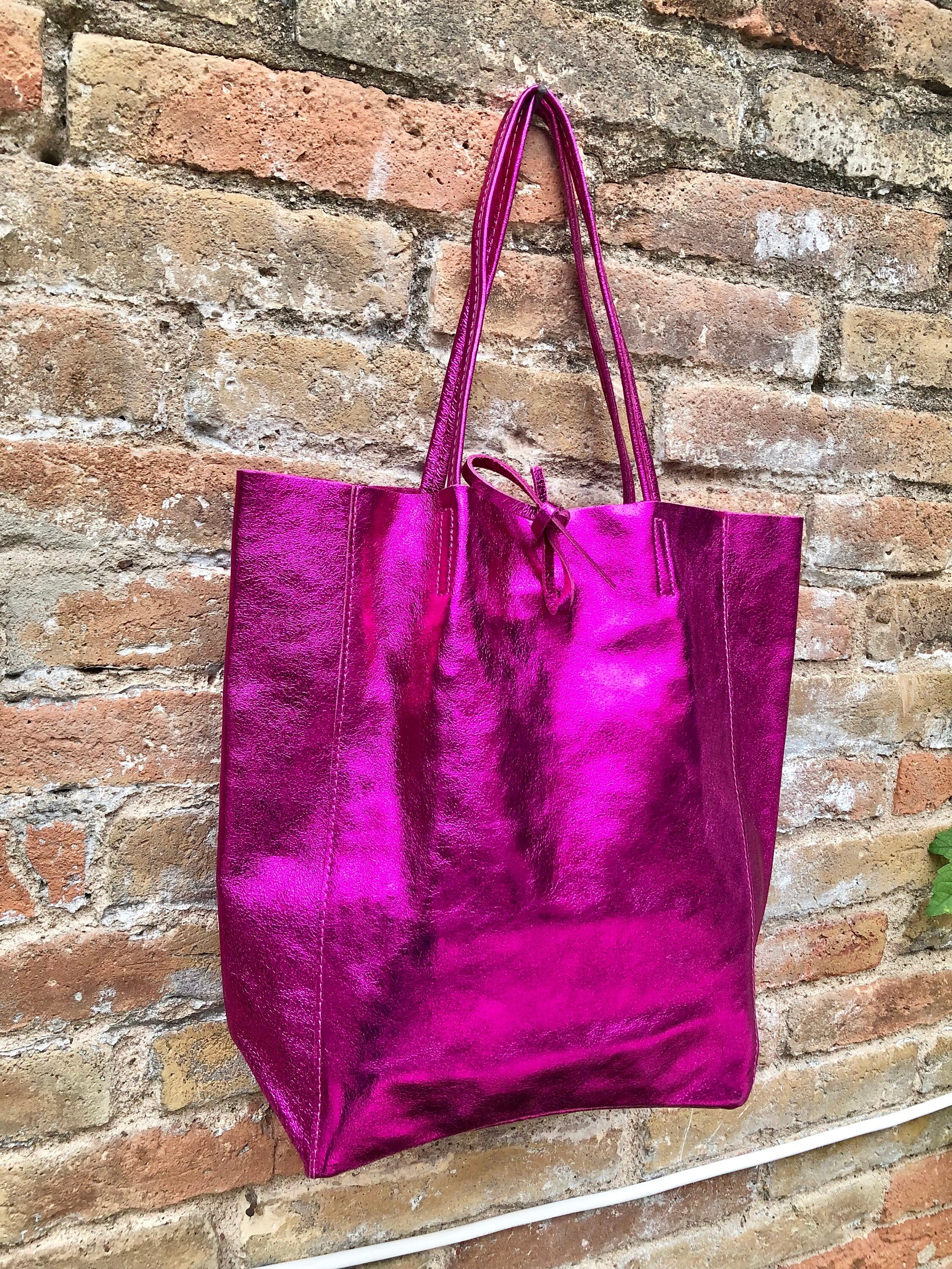 Tote leather bag in fuchsia pink. GENUINE metallic leather bag. Large glitter hot pink leather shopper bag, Laptop bag. Metallic pink purse