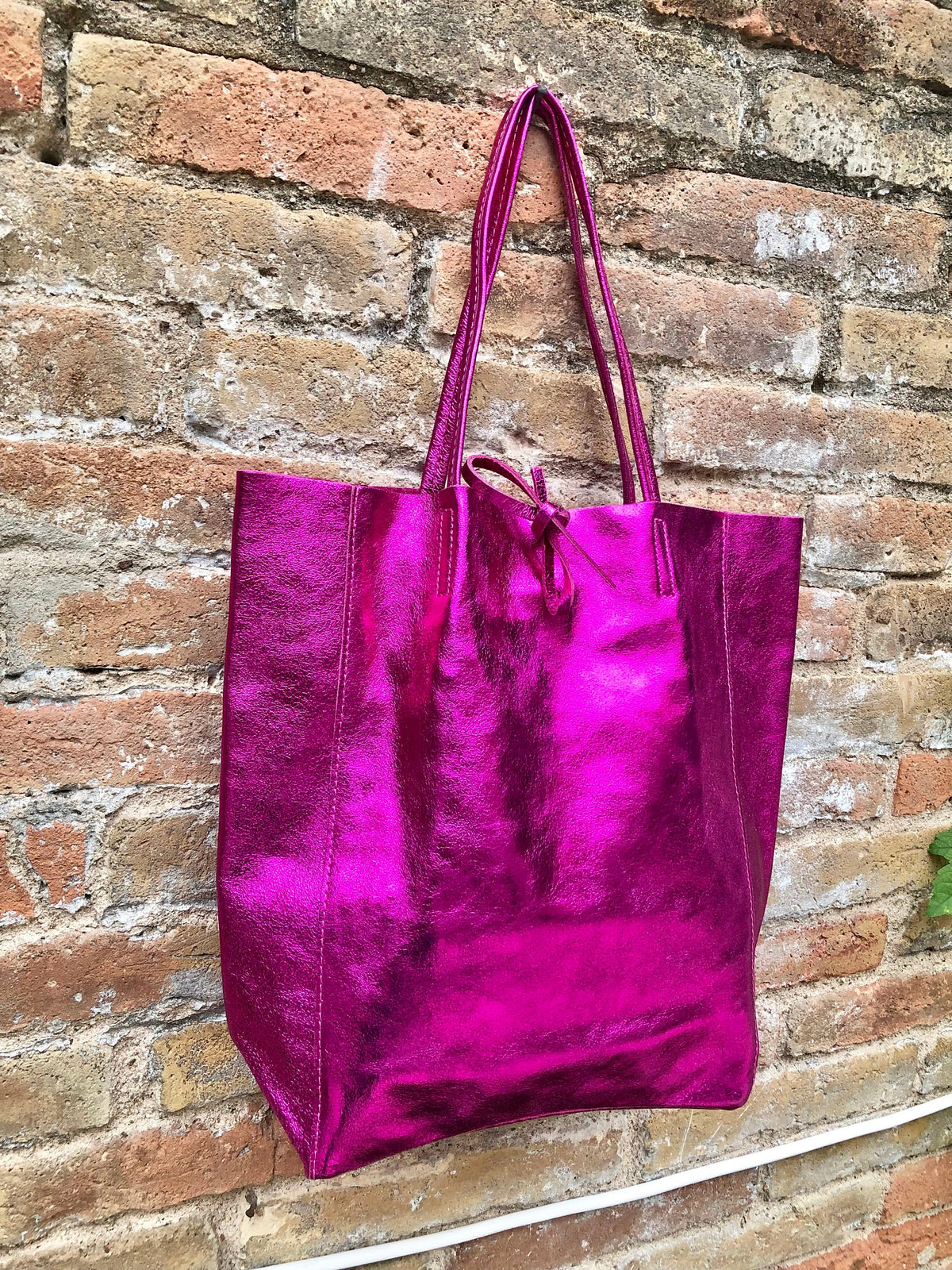 Tote leather bag in fuchsia pink. GENUINE metallic leather bag. Large glitter hot pink leather shopper bag, Laptop bag. Metallic pink purse