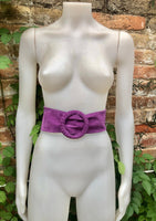 Purple suede waist belt with large round buckle. Boho soft suede belt in a deep mauve shade. Genuine natural purple suede leather