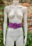 Purple suede waist belt with large round buckle. Boho soft suede belt in a deep mauve shade. Genuine natural purple suede leather