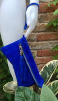 Crossbody bag. Boho suede leather bag in COBALT blue with tassel. Small messenger bag in genuine suede leather. Royal blue suede purse