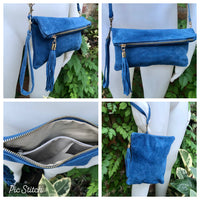 Crossbody bag. Boho suede leather bag in medium blue with tassel. Small messenger bag in genuine suede leather. Denim blue suede purse