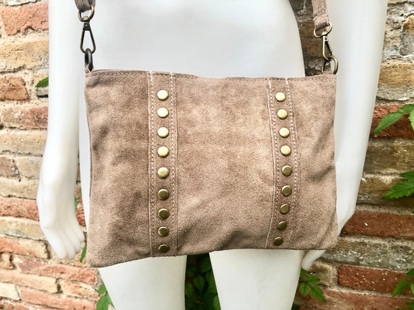 Crossbody bag. Taupe BROWN boho suede leather purse with bronze color tacks Genuine suede leather messenger bag. Light brown crossbody bag