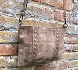Crossbody bag. Taupe BROWN boho suede leather purse with bronze color tacks Genuine suede leather messenger bag. Light brown crossbody bag