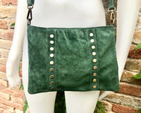 Crossbody bag. Green boho suede leather purse with bronze color tacks Genuine suede leather messenger bag. Green suede purse.