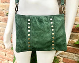 Crossbody bag. Green boho suede leather purse with bronze color tacks Genuine suede leather messenger bag. Green suede purse.