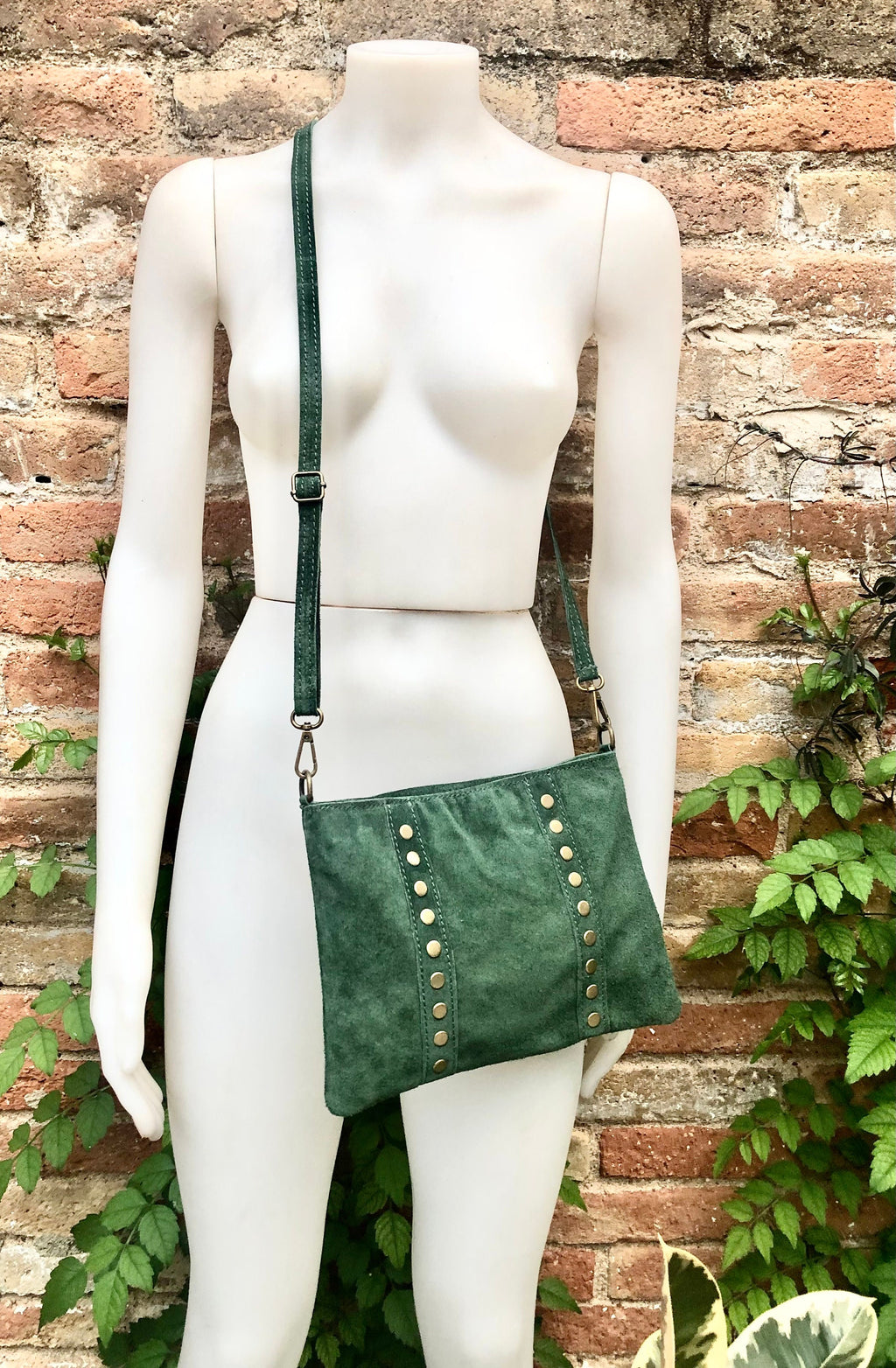 Crossbody bag. Green boho suede leather purse with bronze color tacks Genuine suede leather messenger bag. Green suede purse.