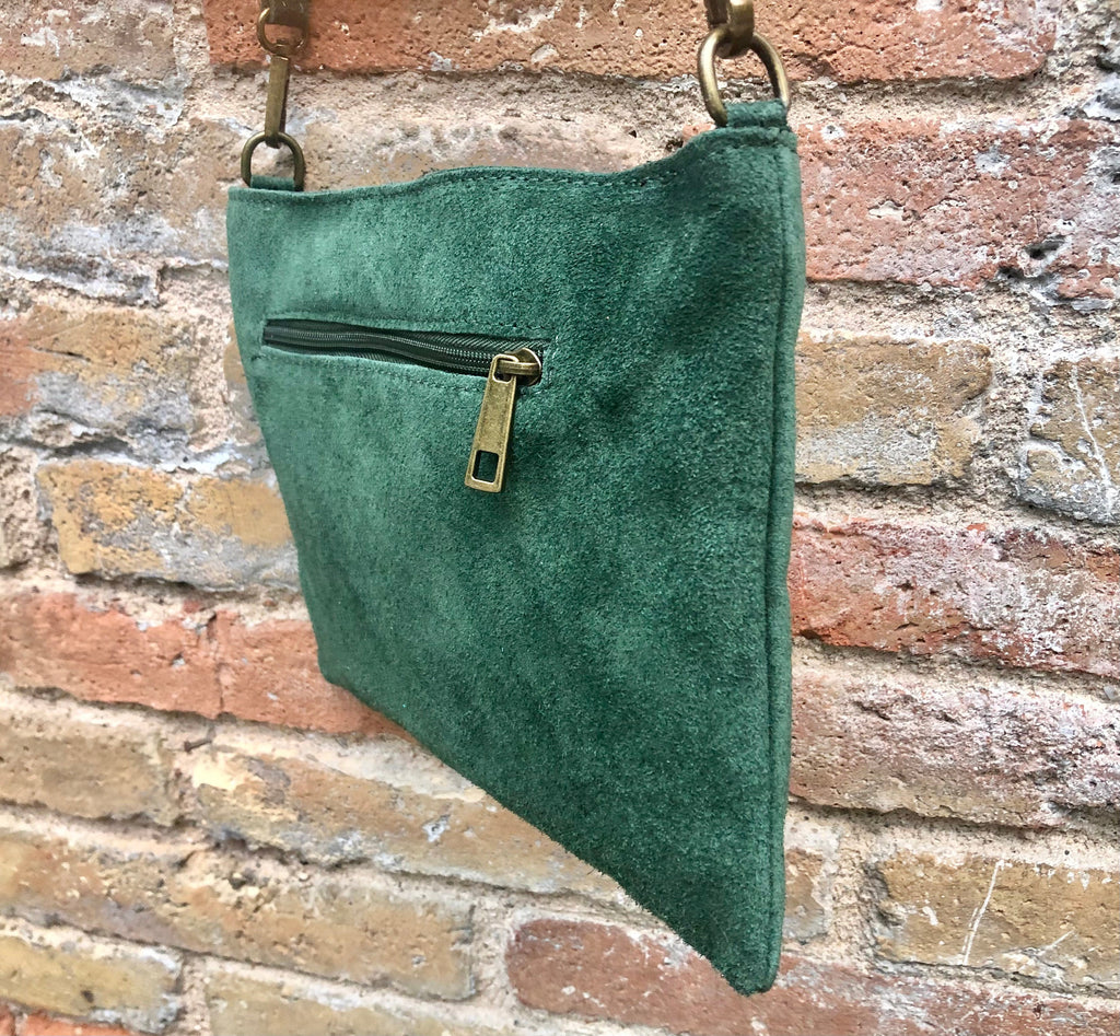 Crossbody bag. Green boho suede leather purse with bronze color tacks Genuine suede leather messenger bag. Green suede purse.