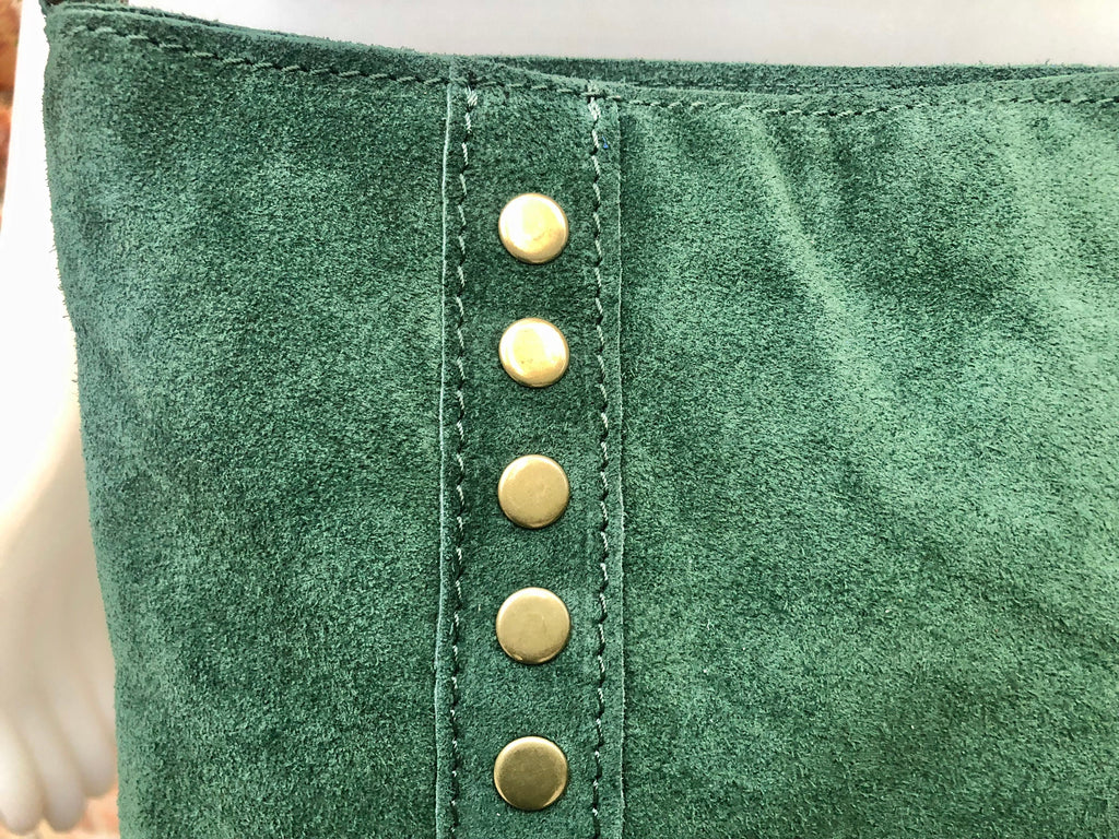 Crossbody bag. Green boho suede leather purse with bronze color tacks Genuine suede leather messenger bag. Green suede purse.