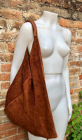 Rusty brown suede slouch leather bag. Genuine leather large shoulder bag. Dark camel brown origami bag, brown leather accent. Large shopper