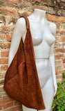 Rusty brown suede slouch leather bag. Genuine leather large shoulder bag. Dark camel brown origami bag, brown leather accent. Large shopper