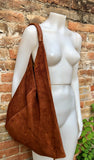 Rusty brown suede slouch leather bag. Genuine leather large shoulder bag. Dark camel brown origami bag, brown leather accent. Large shopper