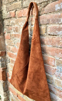 CAMEL brown suede slouch leather bag. Genuine leather large shoulder bag. Rusty brown origami bag with brown leather accent. Large shopper