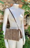 Suede leather bag in DARK Beige, taupe color .Cross body bag in GENUINE leather. Small brown leather bag with adjustable strap and zipper.