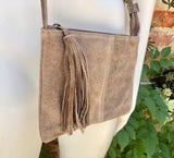 Suede leather bag in DARK Beige, taupe color .Cross body bag in GENUINE leather. Small brown leather bag with adjustable strap and zipper.