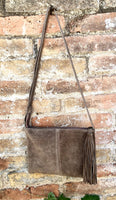 Suede leather bag in DARK Beige, taupe color .Cross body bag in GENUINE leather. Small brown leather bag with adjustable strap and zipper.