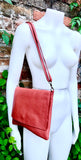 Orange leather bag. 2 straps: 1 leather + 1 guitar strap. GENUINE leather Crossbody / shoulder bag. Orange purse with flap and zipper