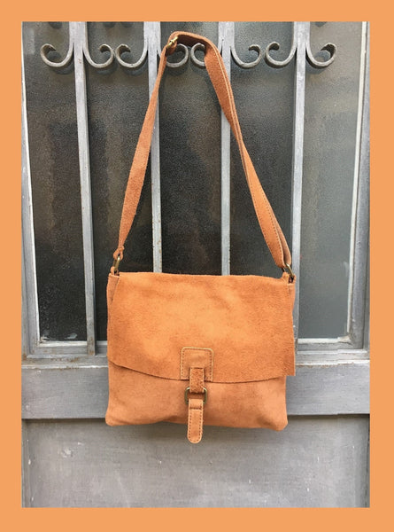 BOHO suede leather bag in light CAMEL BROWN. Soft natural genuine suede leather bag. Crossover, messenger bag in suede. Mustard brown purse