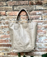 BEIGE tote leather shopper in GENUINE leather. Large carry all tote bag for your laptop, books. Leather shopper w/ lining + zipper