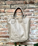 BEIGE tote leather shopper in GENUINE leather. Large carry all tote bag for your laptop, books. Leather shopper w/ lining + zipper