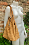 Camel brown leather shopper bag in genuine suede. Slouchy saddle brown carry all tote bag for laptops, tablets, books. Brown leather purse