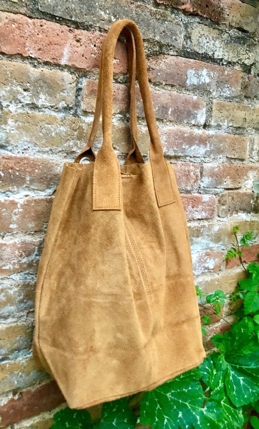Camel brown leather shopper bag in genuine suede. Slouchy saddle brown carry all tote bag for laptops, tablets, books. Brown leather purse