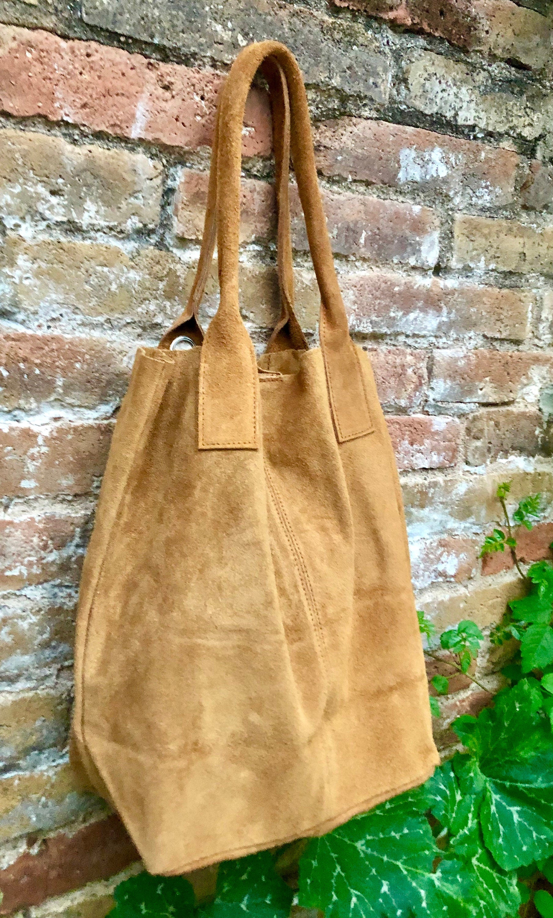 Camel brown leather shopper bag in genuine suede. Slouchy saddle brown carry all tote bag for laptops, tablets, books. Brown leather purse