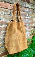 Camel brown leather shopper bag in genuine suede. Slouchy saddle brown carry all tote bag for laptops, tablets, books. Brown leather purse