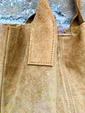 Camel brown leather shopper bag in genuine suede. Slouchy saddle brown carry all tote bag for laptops, tablets, books. Brown leather purse