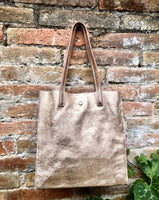 Tote leather bag in pink gold .Soft natural genuine leather shopper bag. Metallic leather shopper. Pink shoulder bag. Gold pink purse