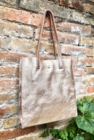 Tote leather bag in pink gold .Soft natural genuine leather shopper bag. Metallic leather shopper. Pink shoulder bag. Gold pink purse