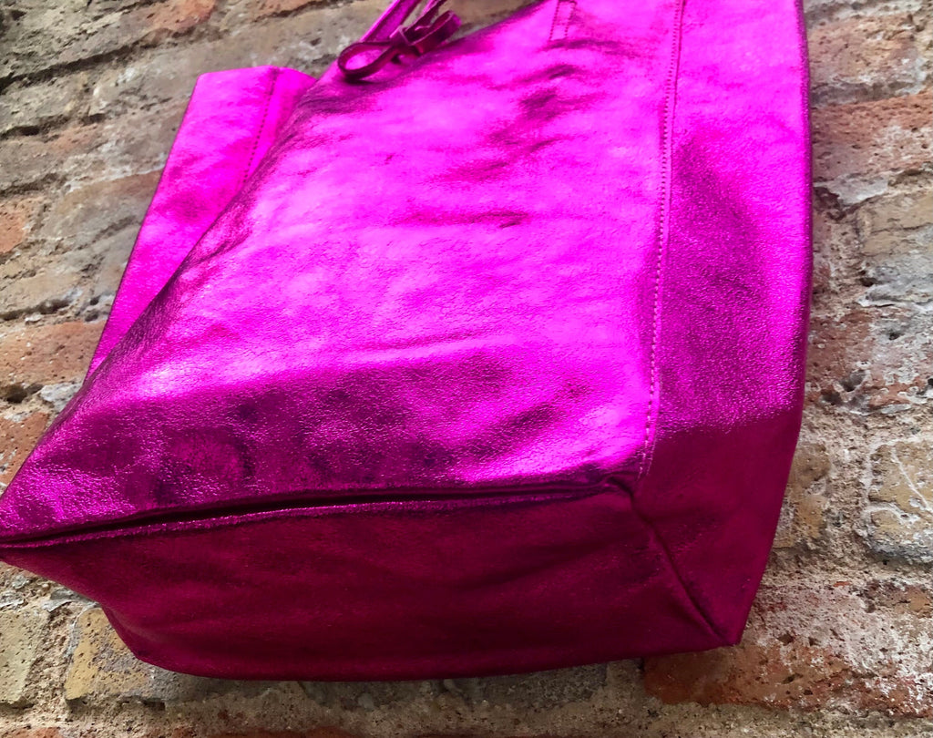 Tote leather bag in fuchsia pink. GENUINE metallic leather bag. Large glitter hot pink leather shopper bag, Laptop bag. Metallic pink purse
